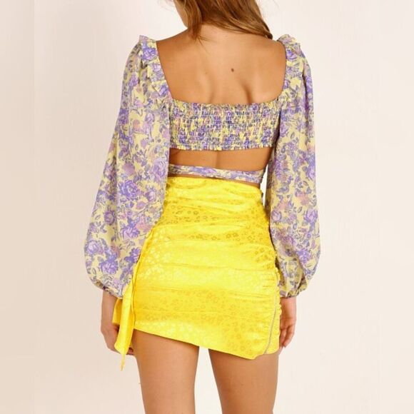 For Love & Lemons Maui Wrap Top Yellow Adjustable Floral Crop Top Blouse size XS - Picture 8 of 8
